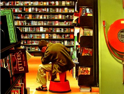 The Thinker- hyperrealism painting of boy reading in bookstore by Gerard Boersma